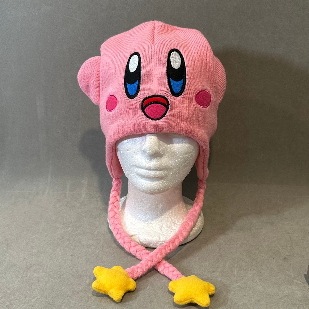 Nintendo Kirby Pink Knit Laplander Beanie Hat with Braids and Stars